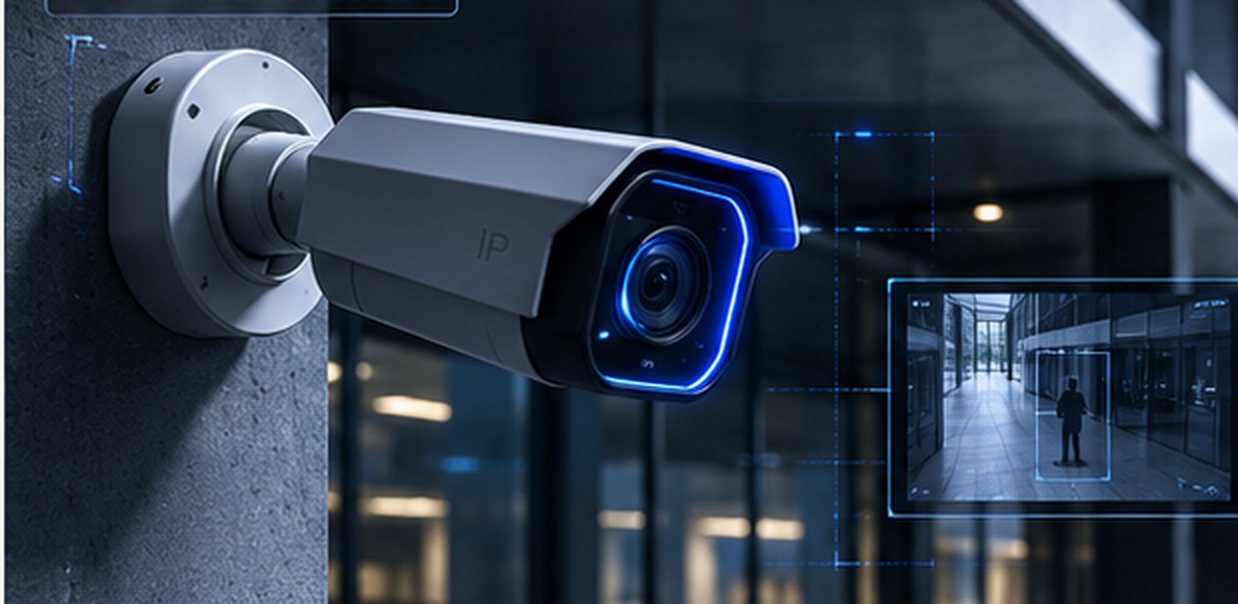 IP-камера видеонаблюдения на фасаде коммерческого здания